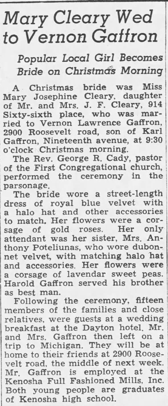 Cleary-Gaffron Marriage - 25 Dec 1940